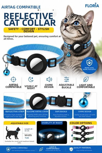 Floria Reflective Airtag Cat Collar - Safety Buckle Collar with Bell