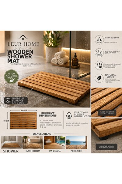 Leur Home Wooden Shower Grille 60X40 cm |   Non-Slip Spa Type Bath Mat |   Wa...