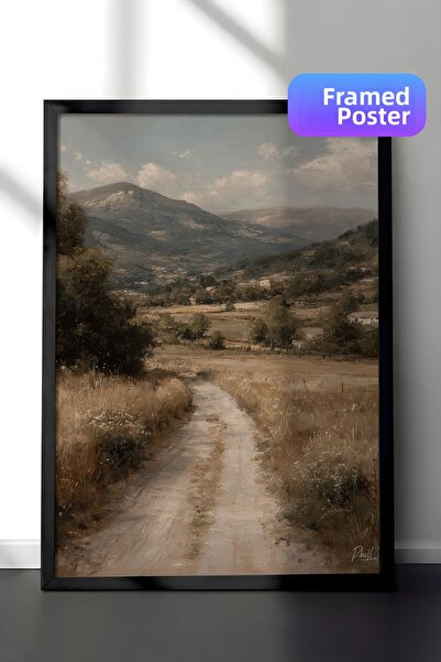 Zestia Pictură murală vintage, peisaj rural pe drumul montan, înrămată în neg...