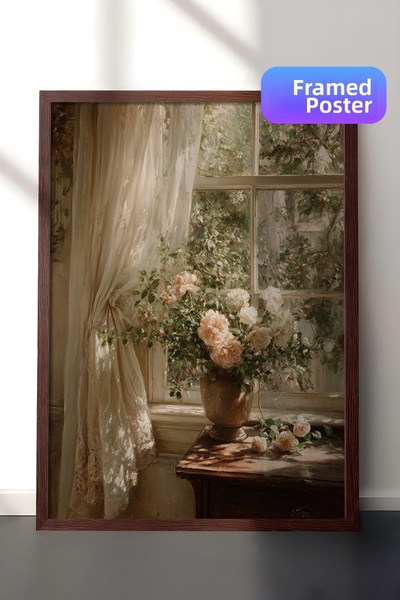 Zestia Pictură murală vintage, buchet de flori în fața ferestrei, înrămat mar...
