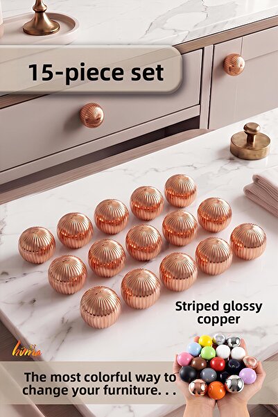 GLASWEN 15 Pcs Hard Plastic Knob Round Ball Striped Bright Copper Cabinet Fur...