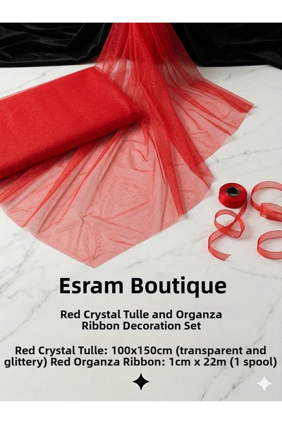 Esram Butik Red Crystal Tulle 100Cmx150Cm and 1cm 22m Organza Decoration Set ...