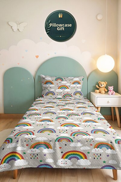 Evimde Bambaşka Rainbow Gray Pastel Children's Room Single Pique Set-Cloud St...