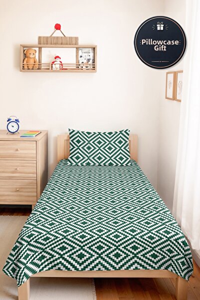 Evimde Bambaşka Green Geometric Youth Room Single Pique Set - Modern White 16...