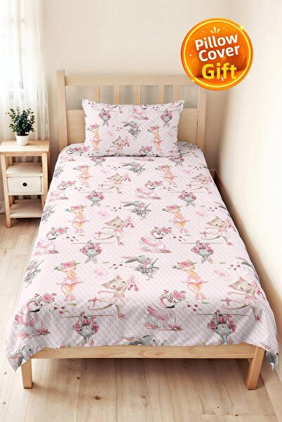 Evimde Bambaşka Pink Ballerina Animal Figured Girls' Pique Set - Floral Paste...