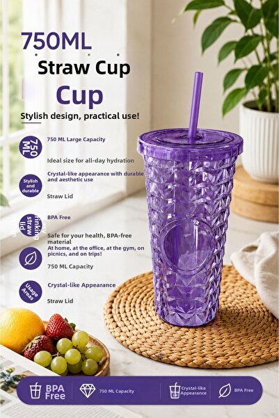 Tercih Home Mica Glass with Straw 750 ml - Drink and Soft Drink Glass with Li...