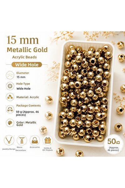 E.B EBRULİ BONCUK 15 mm Metallic Gold Acrylic Beads with Wide Holes (46 Piece...