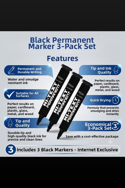 Hi-Text Permanent Marker Koli Pen Round Tip Black 3 Pieces