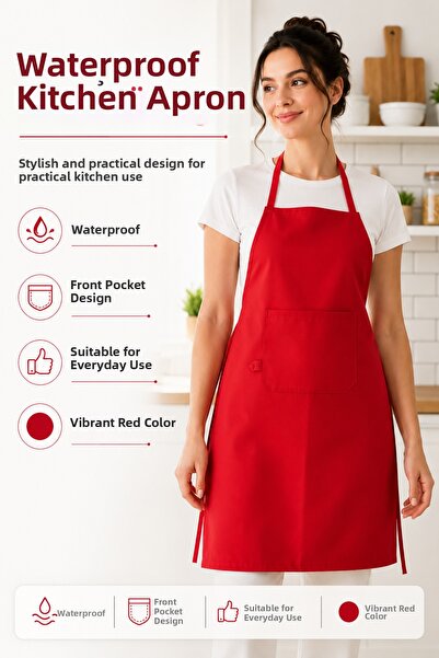 Ases Design مريلة مطبخ حمراء مقاومة للماء - مع جيب أمامي، أربطة للربط، مريلة ...
