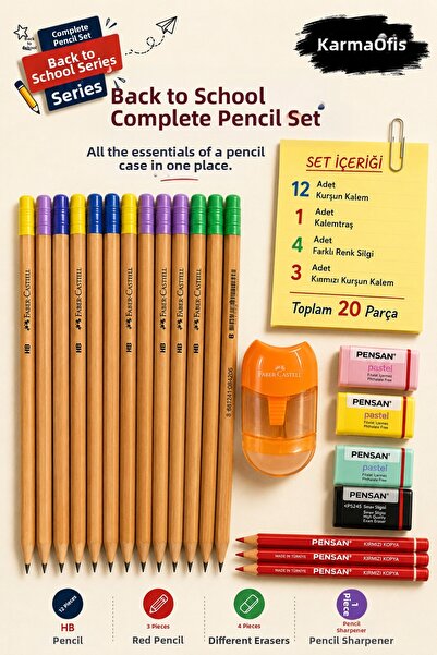 Faber Castell Back to School Pen Set 20 Pieces |   Natural Pencil with Eraser...