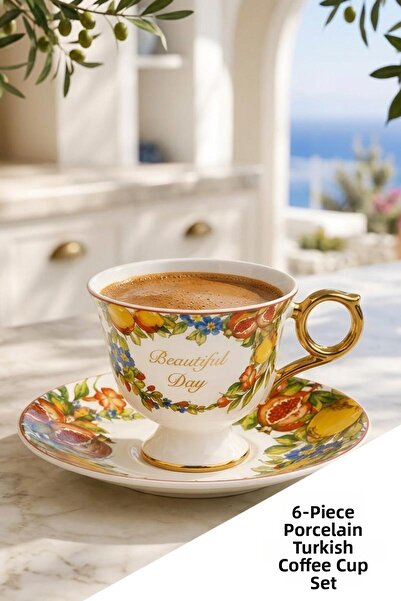 ALBETTO 90 ml Turkish Coffee Cup Set Porcelain Coffee Cup with Gold Detail 292