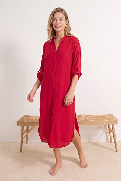 Συλλογή Trendyol Φόρεμα παραλίας με λεπτομέρεια με σχισμή και υφάνση κερασί, ...