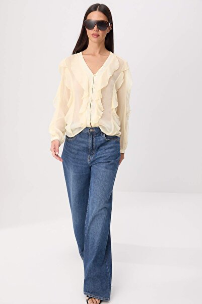 Συλλογή Trendyol Ανοιχτό κίτρινο πουκάμισο με βολάν και ημιδιαφανές σχέδιο Bo...