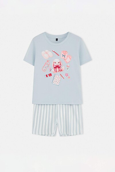 TRENDYOLKIDS Blaues Mädchen-Pyjama-Set aus 100 % Baumwolle mit normaler Rundh...