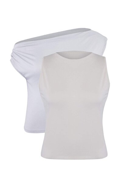 Trendyol Curve Gray Melange Double Layer Sheer Asymmetric Collar Knitted Plus...