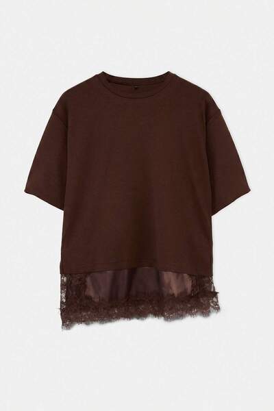 Trendyol Curve Brown Six Lace Detailed Knitted Large Size Women's T-Shirt Tbb...