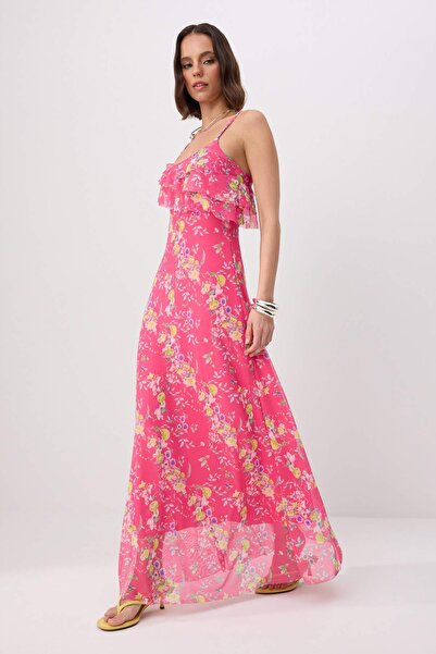 Trendyol Collection Fuchsia Printed A-Line/ Bell-Shape Thin Straps Flounces/R...