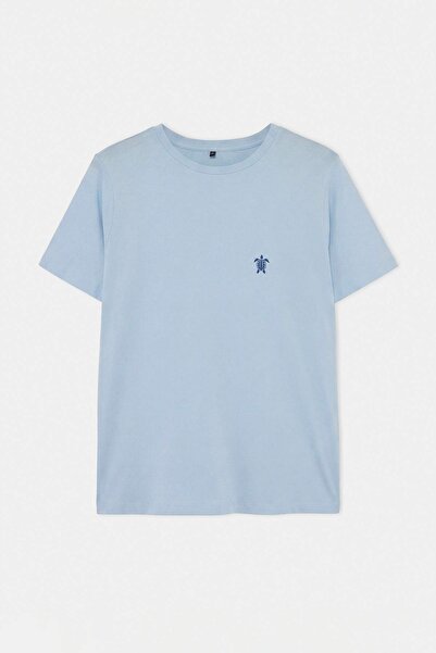Trendyol Curve Light Blue Embroidered Regular 100% Cotton Plus Size Knitted T...