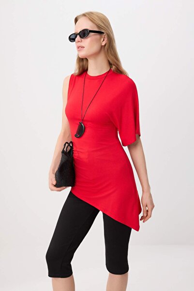 Trendyol Collection Red Fitted Batwing Sleeve Long Stretch Knitted Blouse Two...