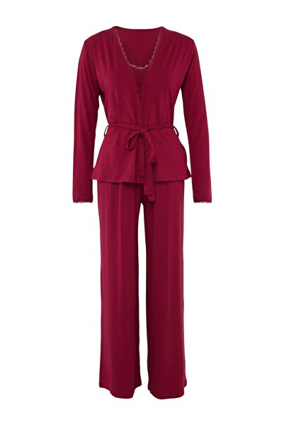 Trendyol Collection Set pijamale tricotate din viscoză cu dantelă, 3 piese, r...