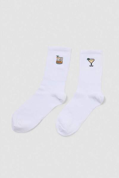 Trendyol Collection White 2-Piece Cotton Embroidered Jacquard Knitted Socks T...