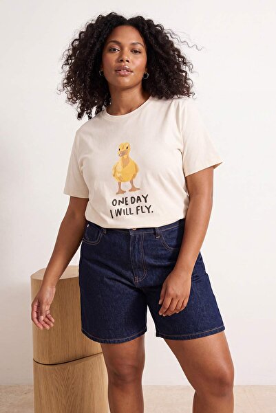 Trendyol Curve Stone Printed Regular Fit Short Sleeve Tok 100% Cotton Knitted...