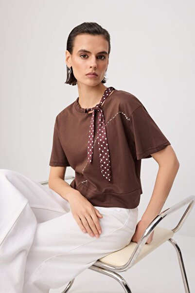 Trendyol Collection Brown Thick Cotton Cherry Print Halter Neck Detailed Knit...