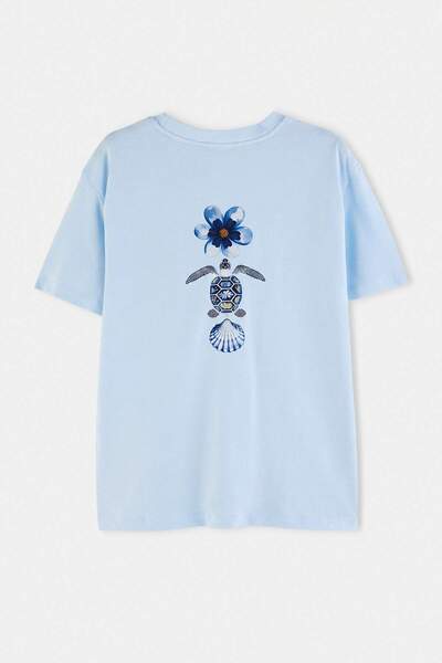 Trendyol Collection Light Blue Printed Regular Crew Neck Standard Sleeve Shor...