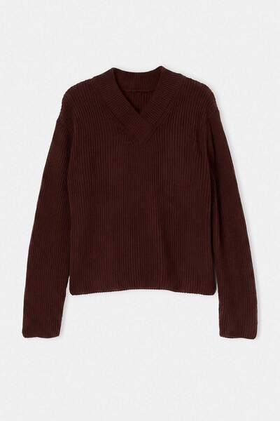 Trendyol Collection Brown Closed V-Neck Crop Knitwear Sweater Twoaw27Kz00076