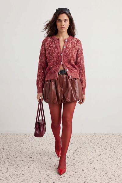 Trendyol Collection Burgundy Button Detailed Soft Textured Patterned Jacket-L...