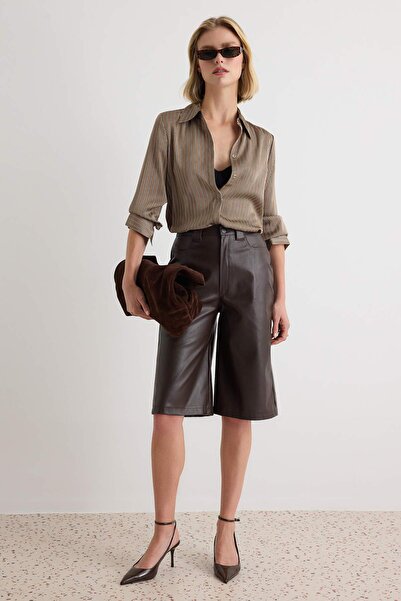 Trendyol Collection Brown Plain Regular Waist Tube Leg Capri Faux Leather Kni...