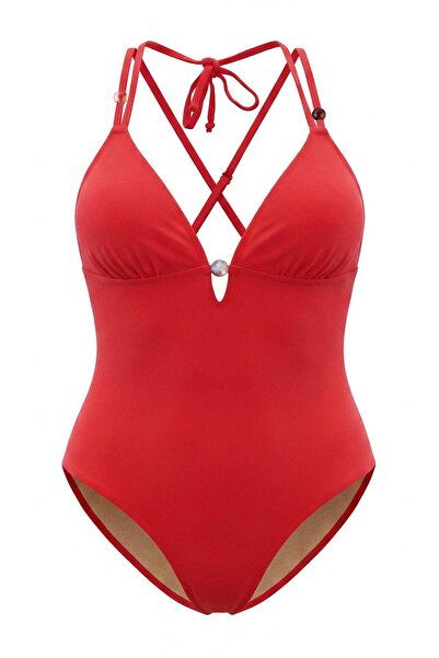 Trendyol Curve Red V-Neck Bead Accessory Swimsuit Tbbss26Am00045