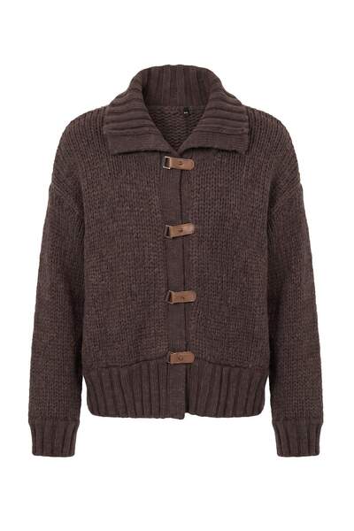 Trendyol Collection Brown Turn-Down Collar Thick Oversize Knitwear Cardigan T...