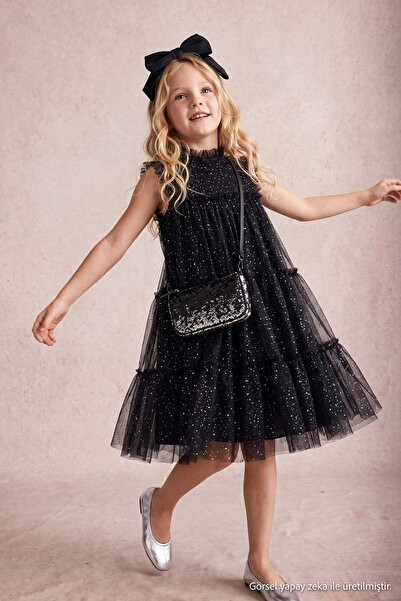 TRENDYOLKIDS فستان توتو أسود للفتيات منسوج بالترتر TKDAW27EL00002