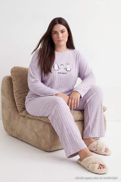 Trendyol Curve Sivi pingvin patchli flis pleteni pidžama set TBBAW27AI00022