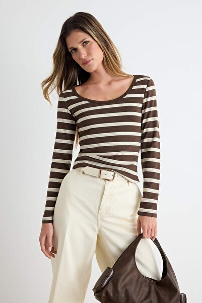 Trendyol Collection Brown Striped Fitted Pool Collar Long Sleeve Viscose Ribb...