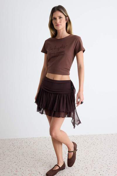 Trendyol Collection Brown Plain Regular Waist Short Tulle Knitted Shorts & Be...