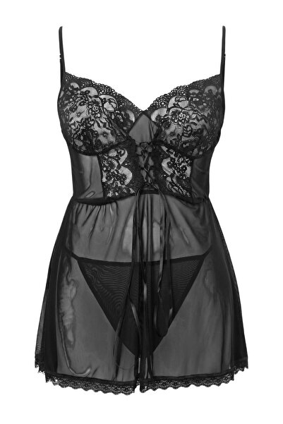 Trendyol Curve Black Capless Underwireless Knitted Soft Lace Fancy Plus Size ...