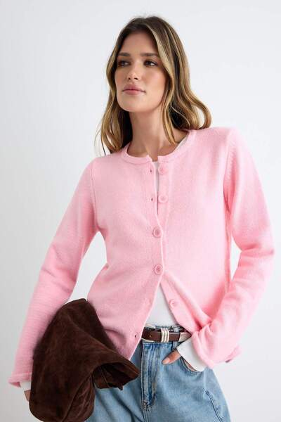 Trendyol Collection More Sustainable Pink Crew Neck Basic Soft Knitwear Cardi...