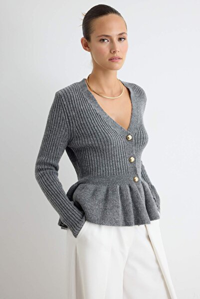 Trendyol Collection Anthracite Soft Textured V-Neck Waist-Fitted Peplum Knitw...