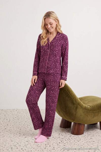 Trendyol Collection Plum 100% Cotton Leopard Pattern Shirt-Pants Knitted Paja...