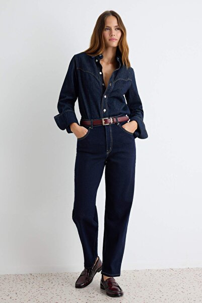 Trendyol Collection بنطلون جينز موم أزرق داكن غير مرن بخصر مرتفع TWOAW27JE00188
