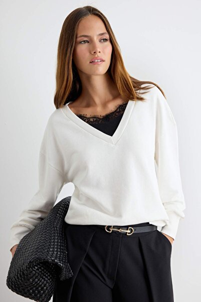 Trendyol Collection Ecru Thick V-Neck Lace Detailed Low Sleeve Oversize/Wide ...