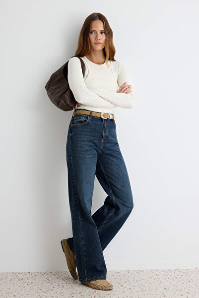 Trendyol Collection Dark Blue Low Stretch High Waist Wide Leg Wide Leg Jeans ...