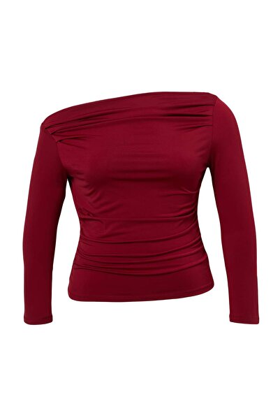Trendyol Curve Burgundy Gathered/Draped Detailed Fitted/Fitted Long Sleeve St...