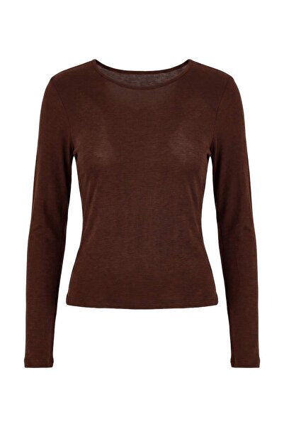Trendyol Collection Brown Wool Transparent Fitted/Cut-Fit Crew Neck Fake Knit...