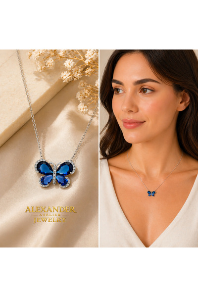 Alexander Atelier Kelebek Kolye Safir Taşlı 925 Silver Rodyum Kaplama
