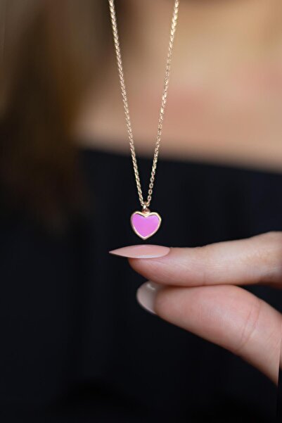 BY BARUN SİLVER Minimal Kalpli Kolye Lila Neon 925 Ayar Zirkon Taşlı Rose Pem...