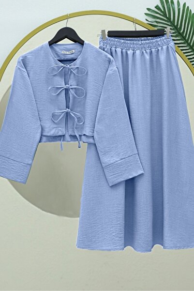 HİJABAYA Linen Set with Lace-Up Front and Elastic Waist Skirt