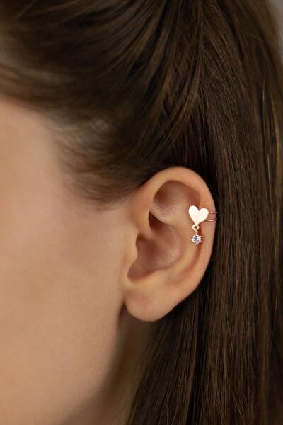 BY BARUN SİLVER Kıkırdak Earcuff Kalpli Aşk Tektaş 925 Ayar Zirkon Taşlı Rose...